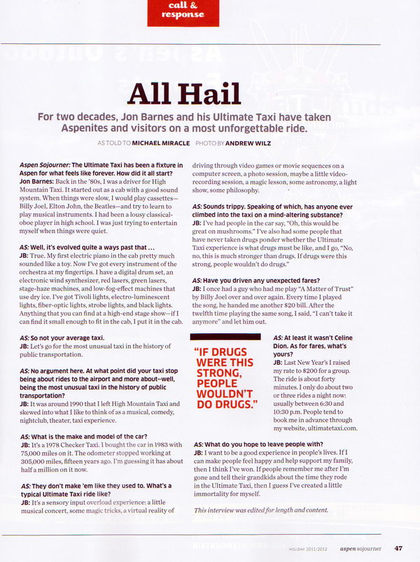 Ultimate Taxi Featured in Aspen Sojourner Magazine Holiday 2011/2012