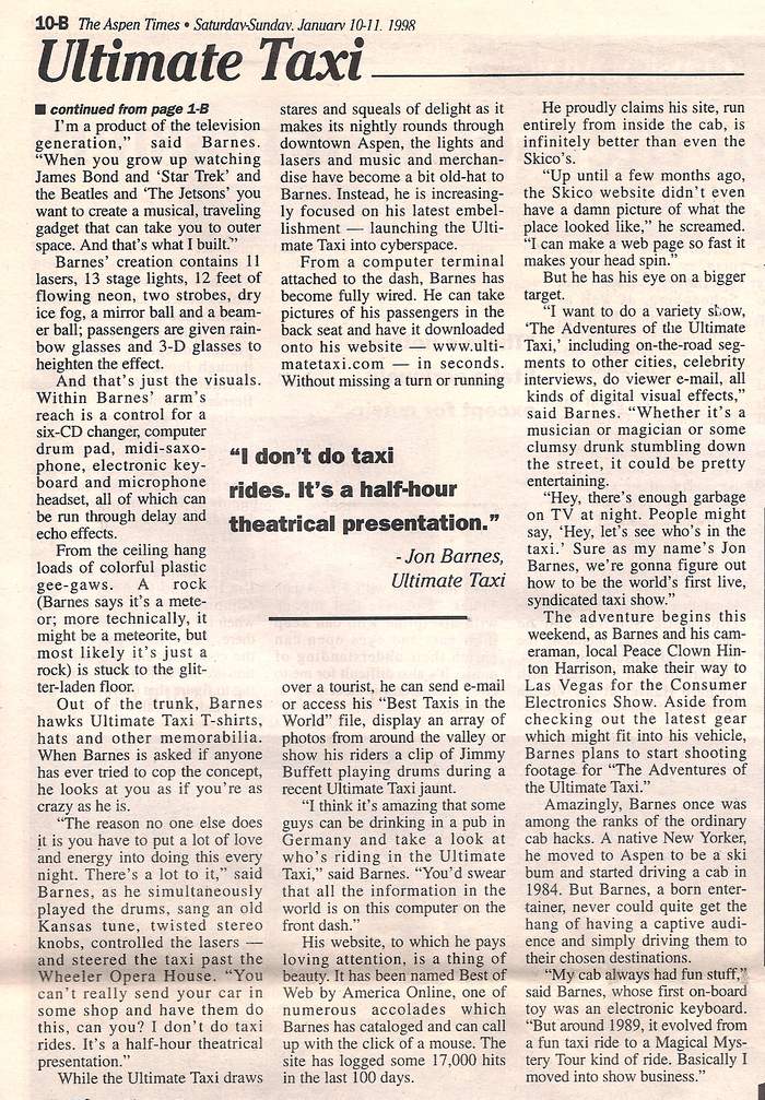 Ultimate Taxi Featured In The Aspen Times Weekly 1998