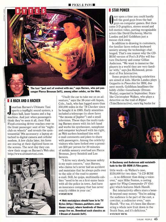 Ultimate Taxi Featured In People Magazine July 1996 - Jonathan Barnes’ Ultimate Taxi sports a topflight sound system, a disco ball, laser beams, and a fog machine. And just when passengers think they’ve seen it all, their Pink Floyd-crooning driver reaches over to the front passenger seat of his “nightclub on wheels” and reveals the quintessential ‘90s accessory: a laptop attached to a digital camera and a cellular modem. A few clicks later, his fare are staring at their digitized faces on the screen. The next day they can view their mugs on Barnes’s Web site